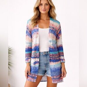 Ruby Rd Aztec Linen Blend Open Front Cardigan Sweater Womens MP Boho Hippie